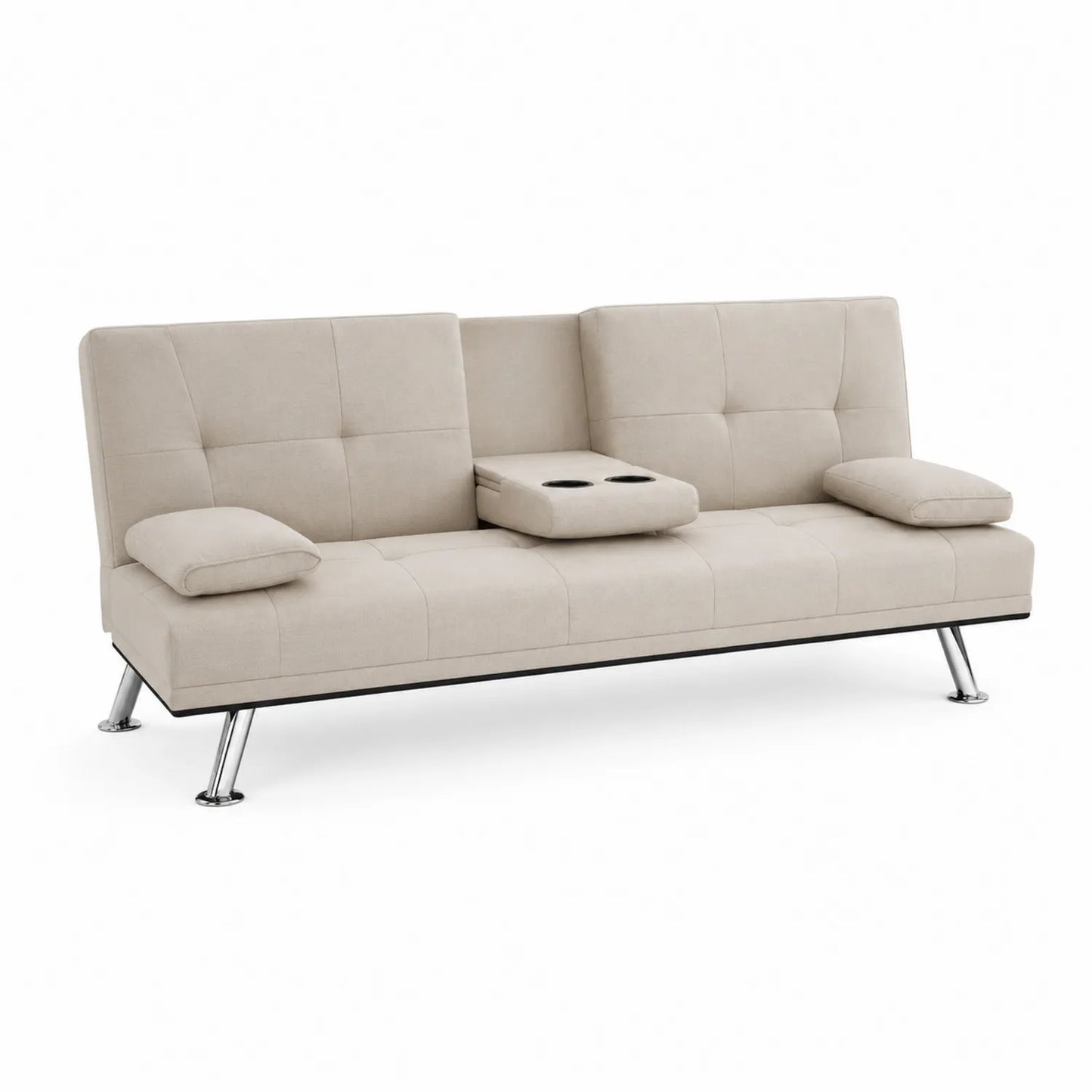 Sofa rozkładana 3-osobowa z tkaniny beżowej z podłokietnikami