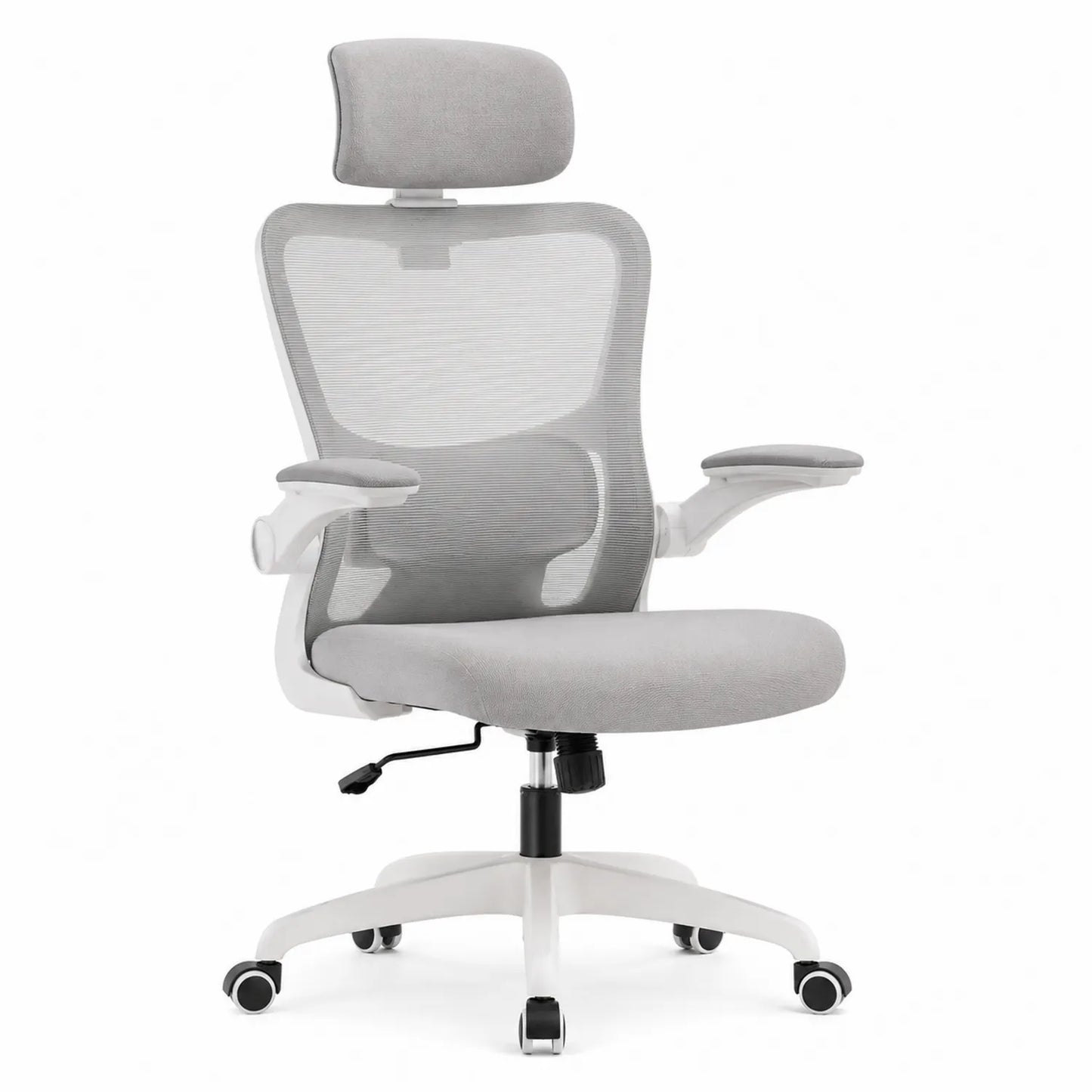 Ergonomiczne krzesło biurowe z siatki szare z regulowanym zagłówkiem