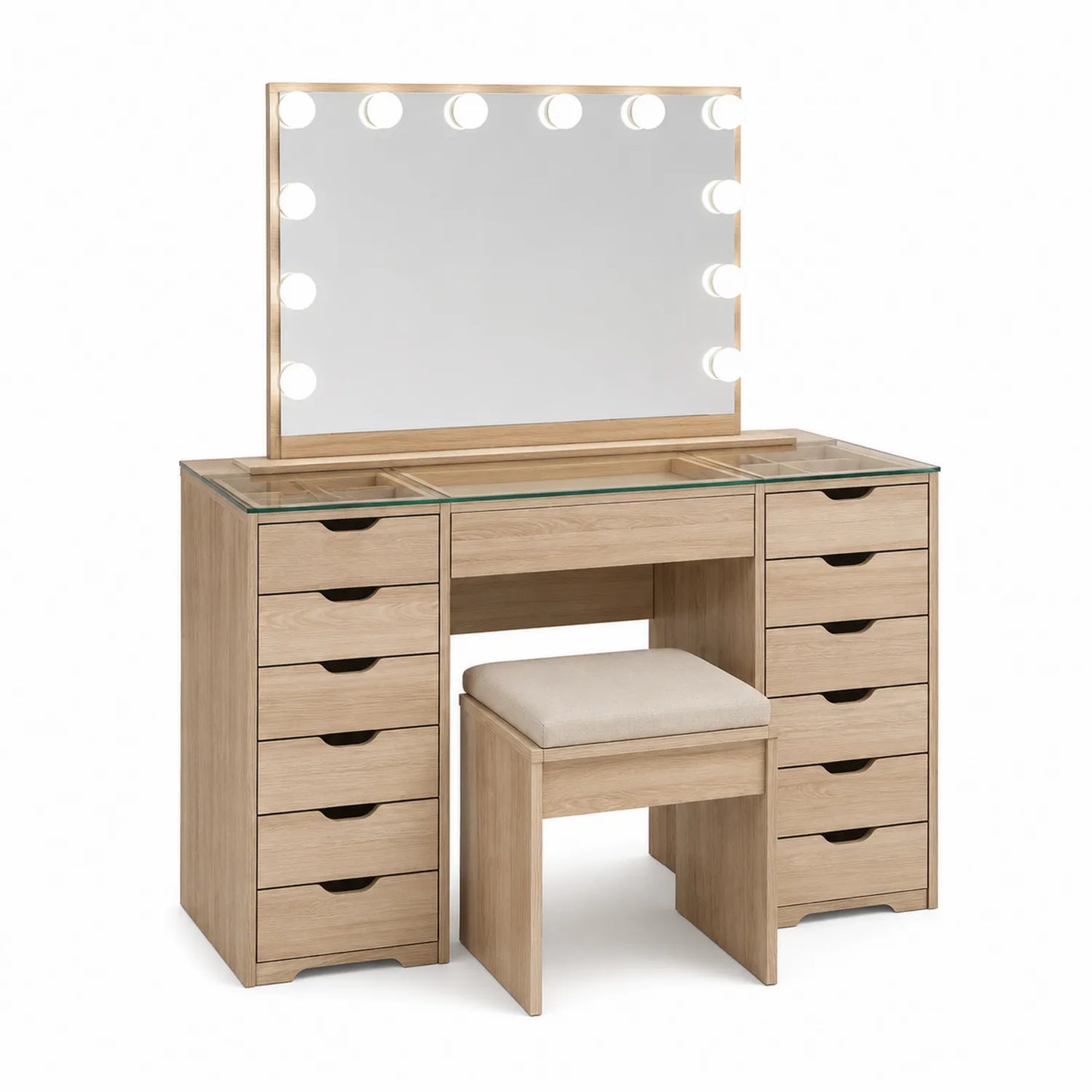 Toaletka z lustrem LED i taboretem dąb 130x45x140 cm