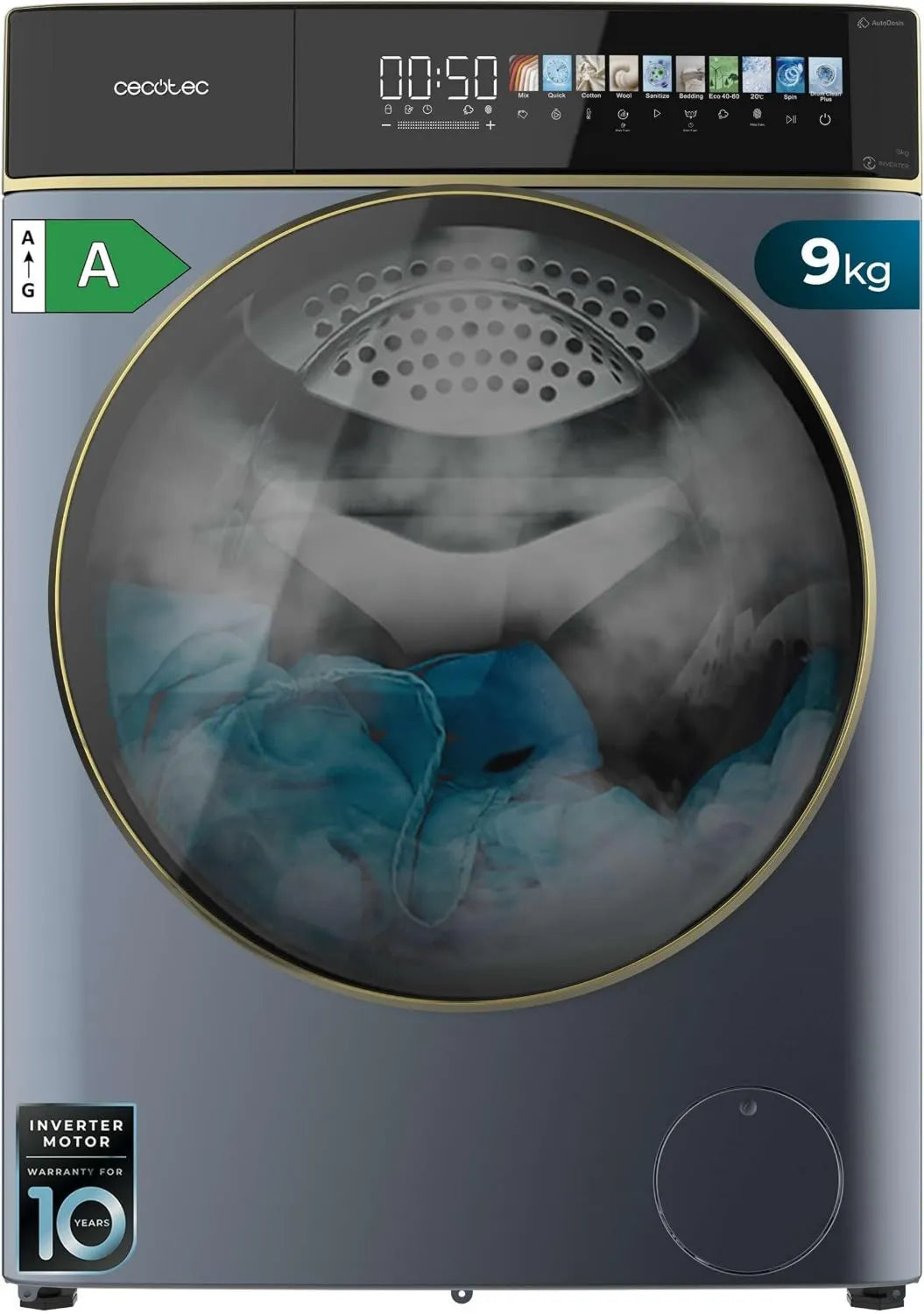 Cecotec pralka, Bolero DressCode 9900, 10, 3 cali, 9 kg, klasa energetyczna A, Inwerter, niebieski, min, SteamMax, 9 Kg Ładowanie