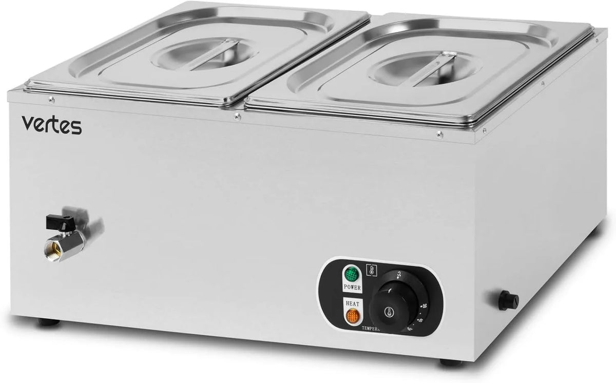 VERTES Elektryczny podgrzewacz do żywności, 1500 W, 2 x 10, ze stali nierdzewnej, w zestawie 2 pojemniki 1/2 GN z pokrywką na 2 x 10 l, kurek spustowy