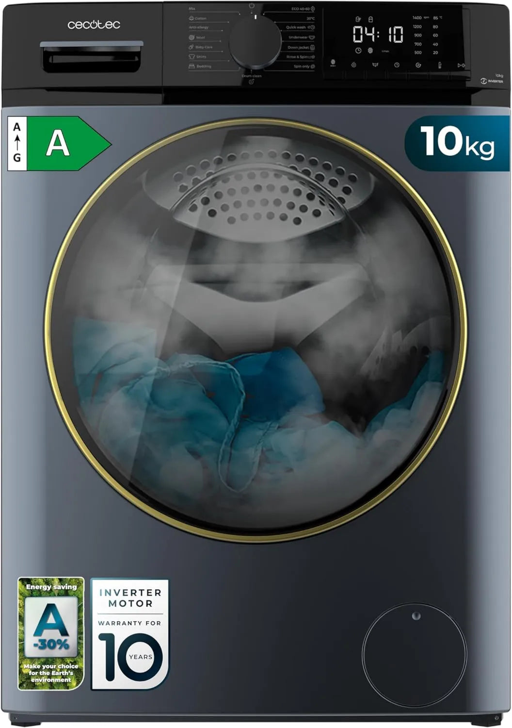 Cecotec pralka, 15 programów, 10 kg, silnik inwerterowy, funkcja pary, Bolero DressCode 10610 Inverter Ice Blue A. 1400 obr./min, Smooth Wash