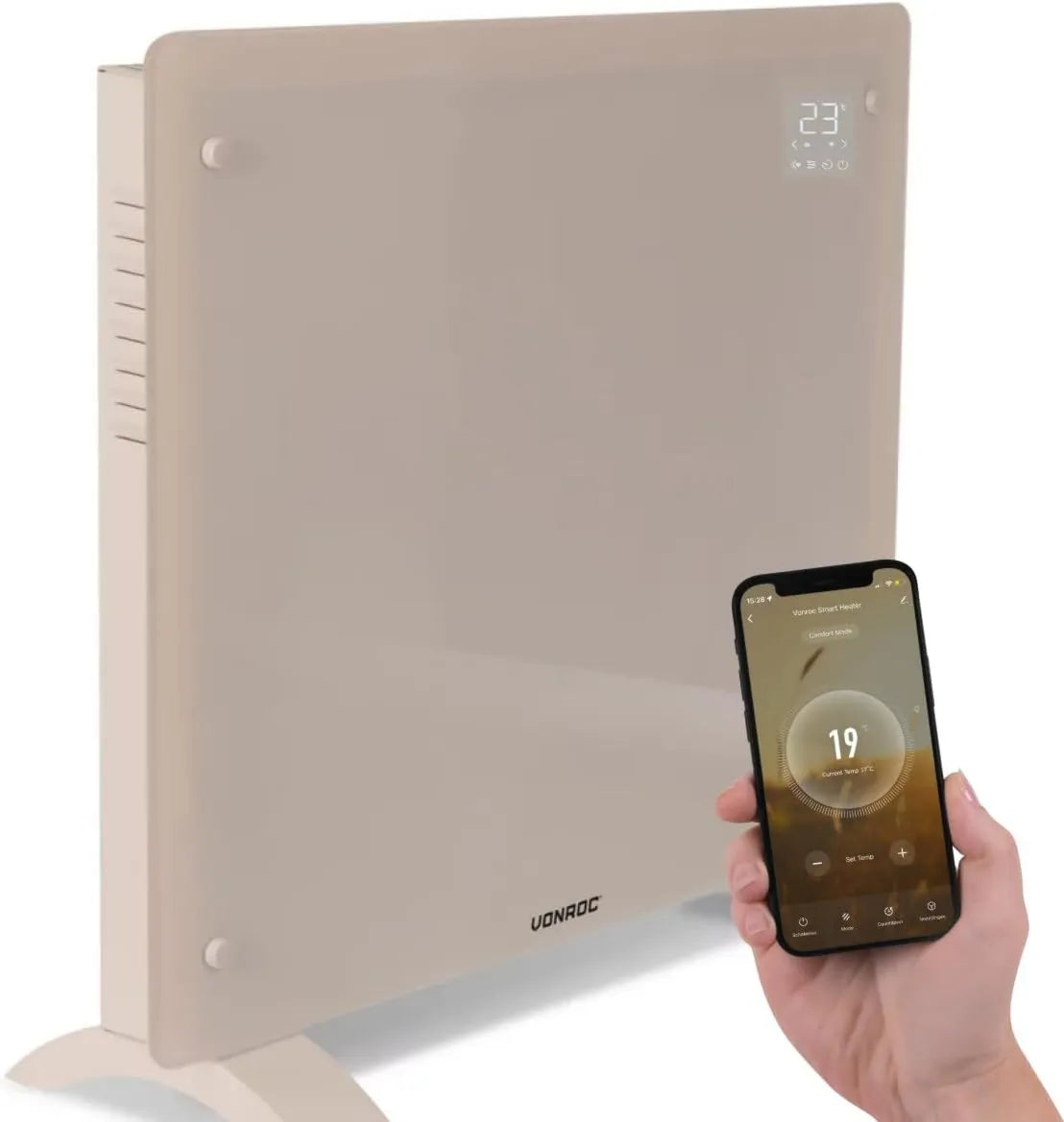 VONROC, Elektryczny grzejnik, 1000 W, VONC, zegar, blokada, Wi-Fi, termostat, tłumik, Beżowa Panela Szkła - Wi-Fi & Instrukcja, LED