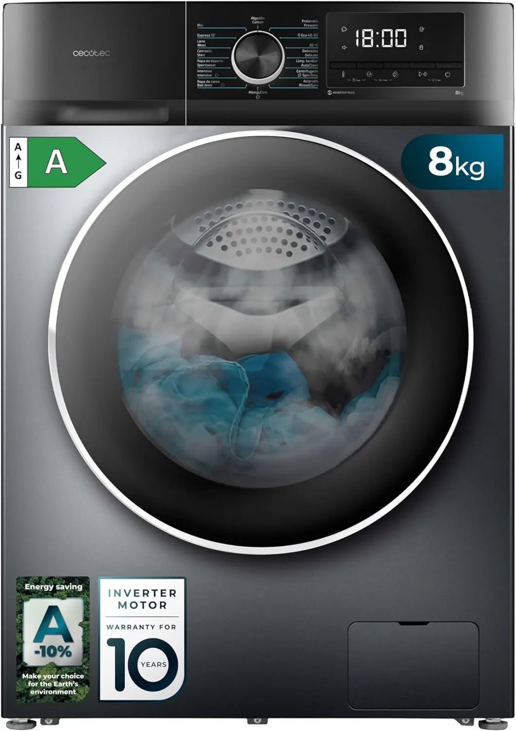 Cecotec pralka, Bolero Dresscode 8500, 1900 W, 16 programów, 8 kg, Inverter, 1400 obr./min, Stal, SteamMax, Obciążenie frontowe, Niska konsumpcja