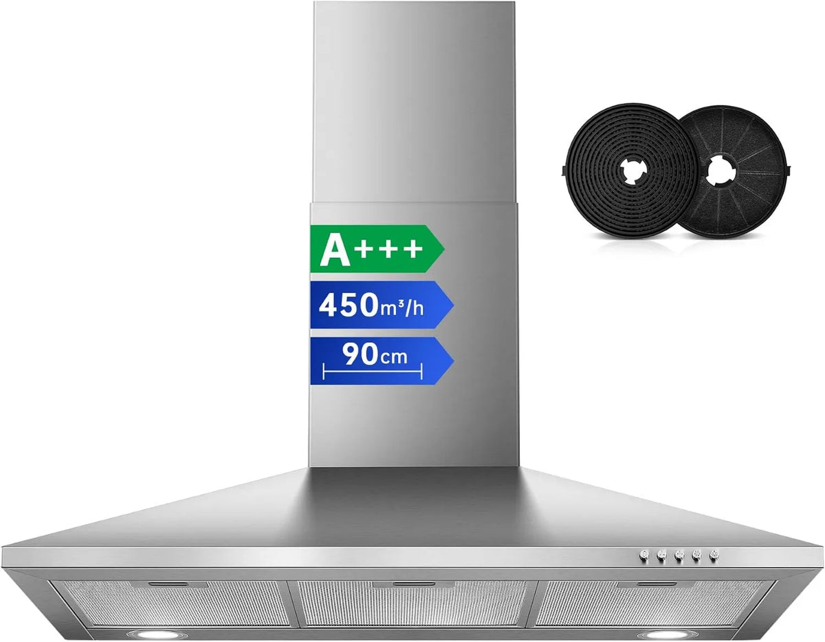 SNDOAS okap kuchenny, Osłona ssąca, 90 cm, 450m3 / h, ewakuacja i recykling, oświetlenie LED, 3 prędkości, tłumik, stal nierdzewna, 2 Filtry m3/h