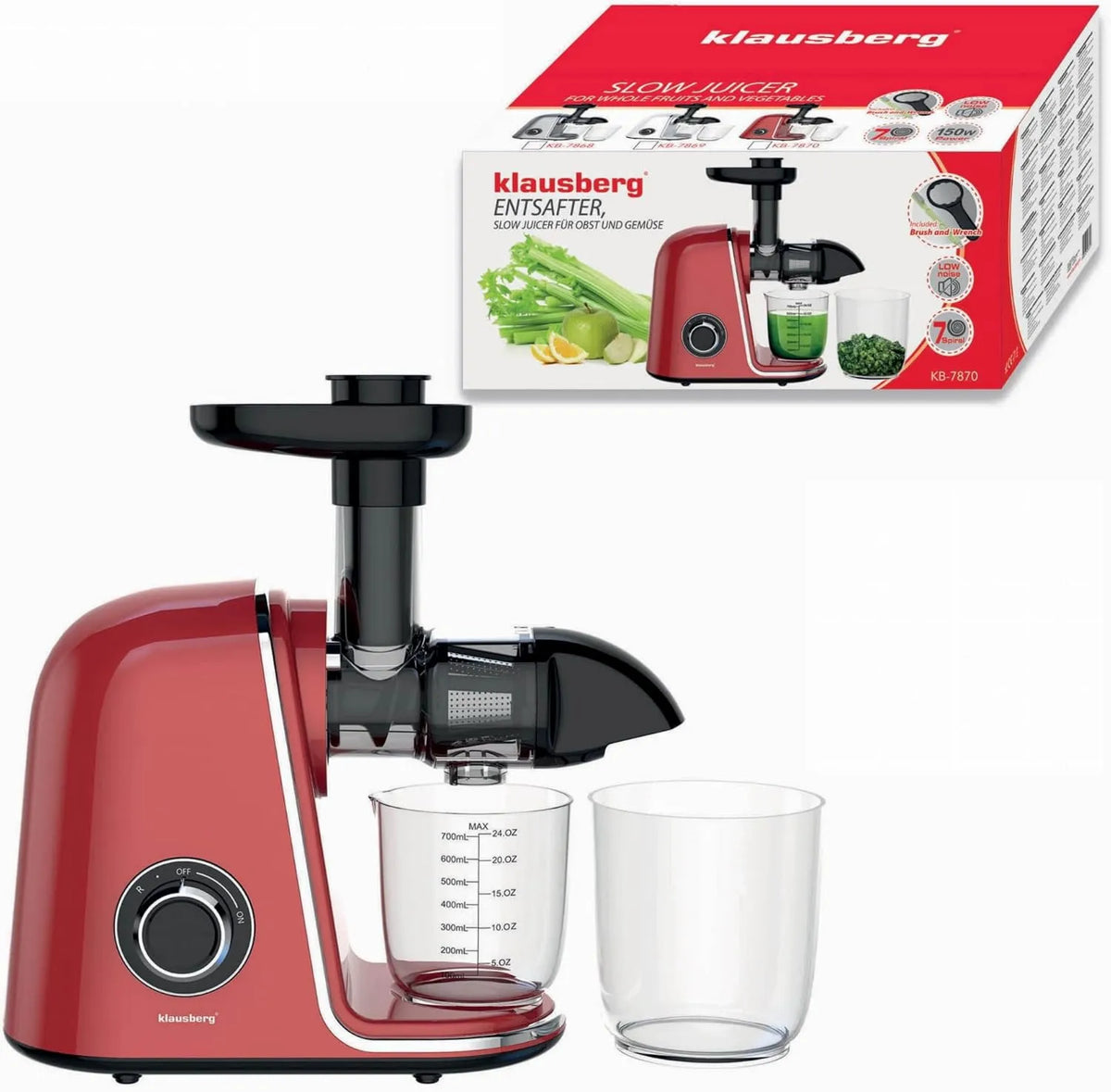 Klausberg sokowirówka, Wyciąg z soku, 150 W, duży zbiornik, USB, czerwony, 700 ml