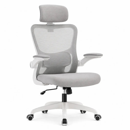Ergonomiczne krzesło biurowe z siatki szare z regulowanym zagłówkiem