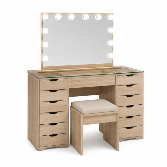 Toaletka z lustrem LED i taboretem dąb 130x45x140 cm