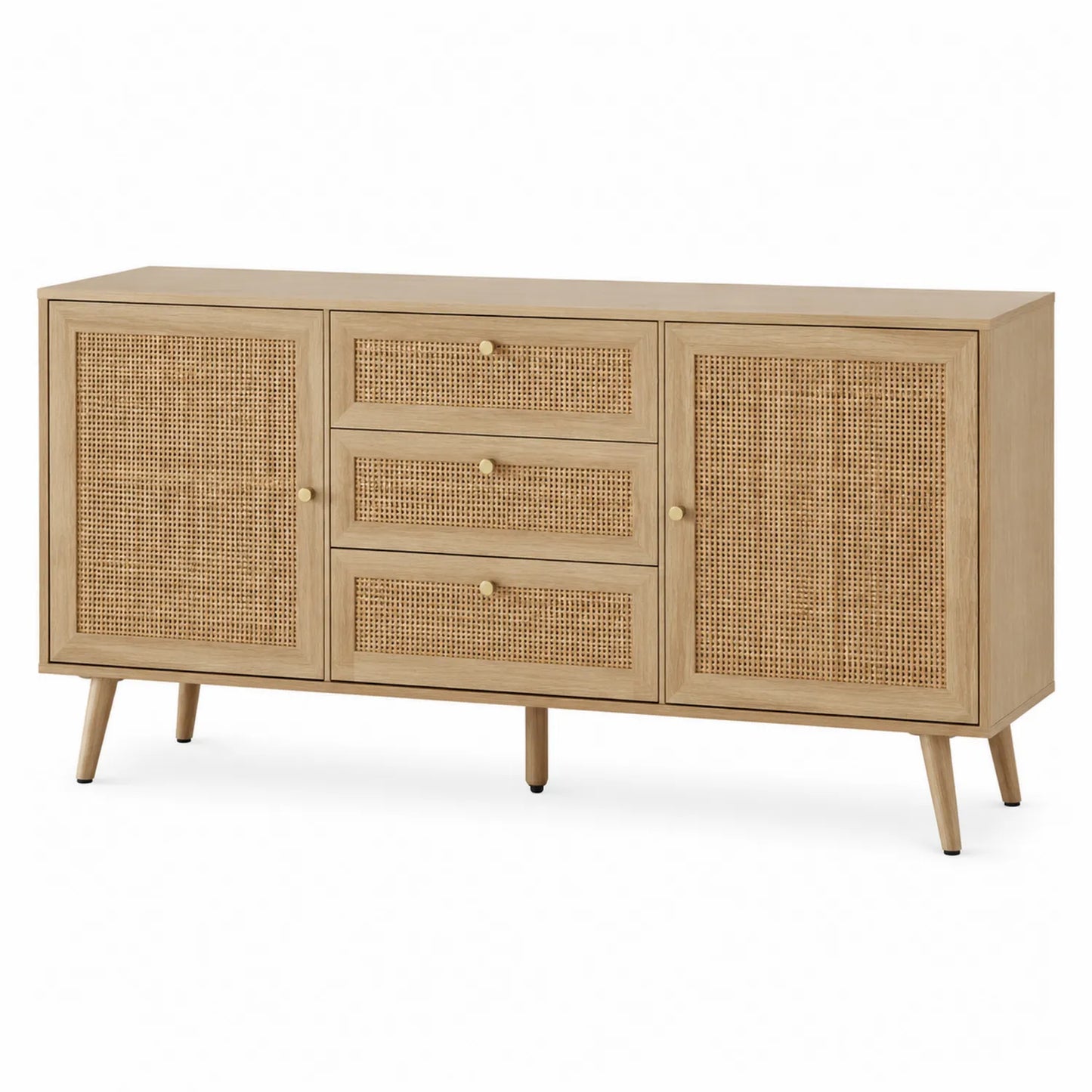 Komoda drewniana i rattanowa z 2 drzwiami i 3 szufladami 150x85x40 cm