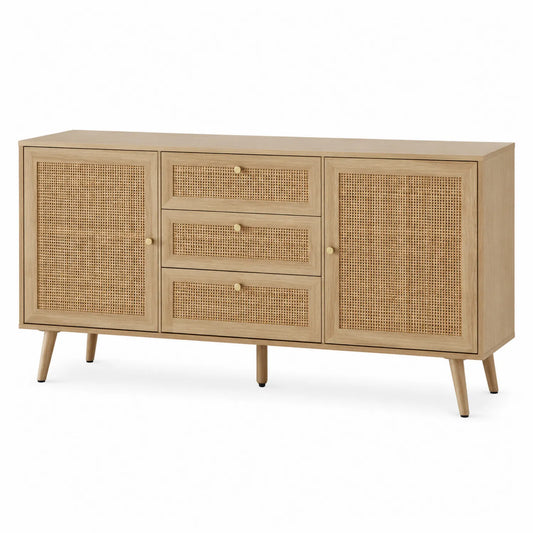 Komoda drewniana i rattanowa z 2 drzwiami i 3 szufladami 150x85x40 cm
