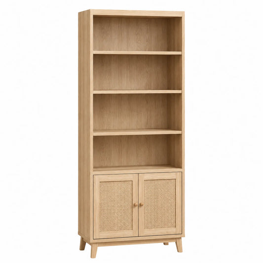 Regał z płyty MDF i plecionki rattanowej w kolorze jasnego dębu 180x80x30 cm
