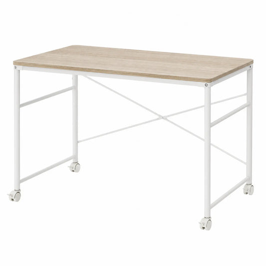 Biurko prostokątne z MDF na stalowych nogach z kółkami 100x50x75 cm Białe i Jasne Drewno