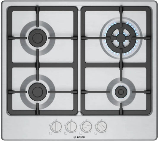 Bosch płyta grzewcza, PGH6B5K90 Żelazne grille, 4 Gazowe bieżnik do gotowania, Stal, Wok Burner: Moc do 3.3 Kw, 60 Cm, 3 Strefy + Wok