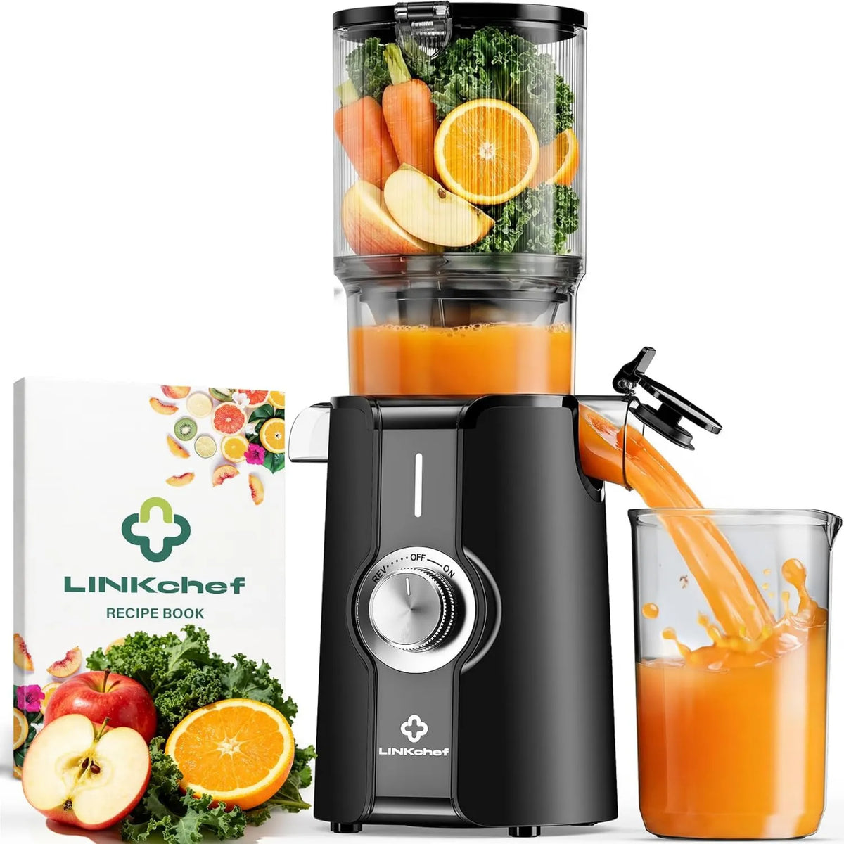 LINKChef sokowirówka, Wyciąg z soku, 200 W, szyja szeroka na 115 mm dla całych owoców i warzyw, bez BPA
