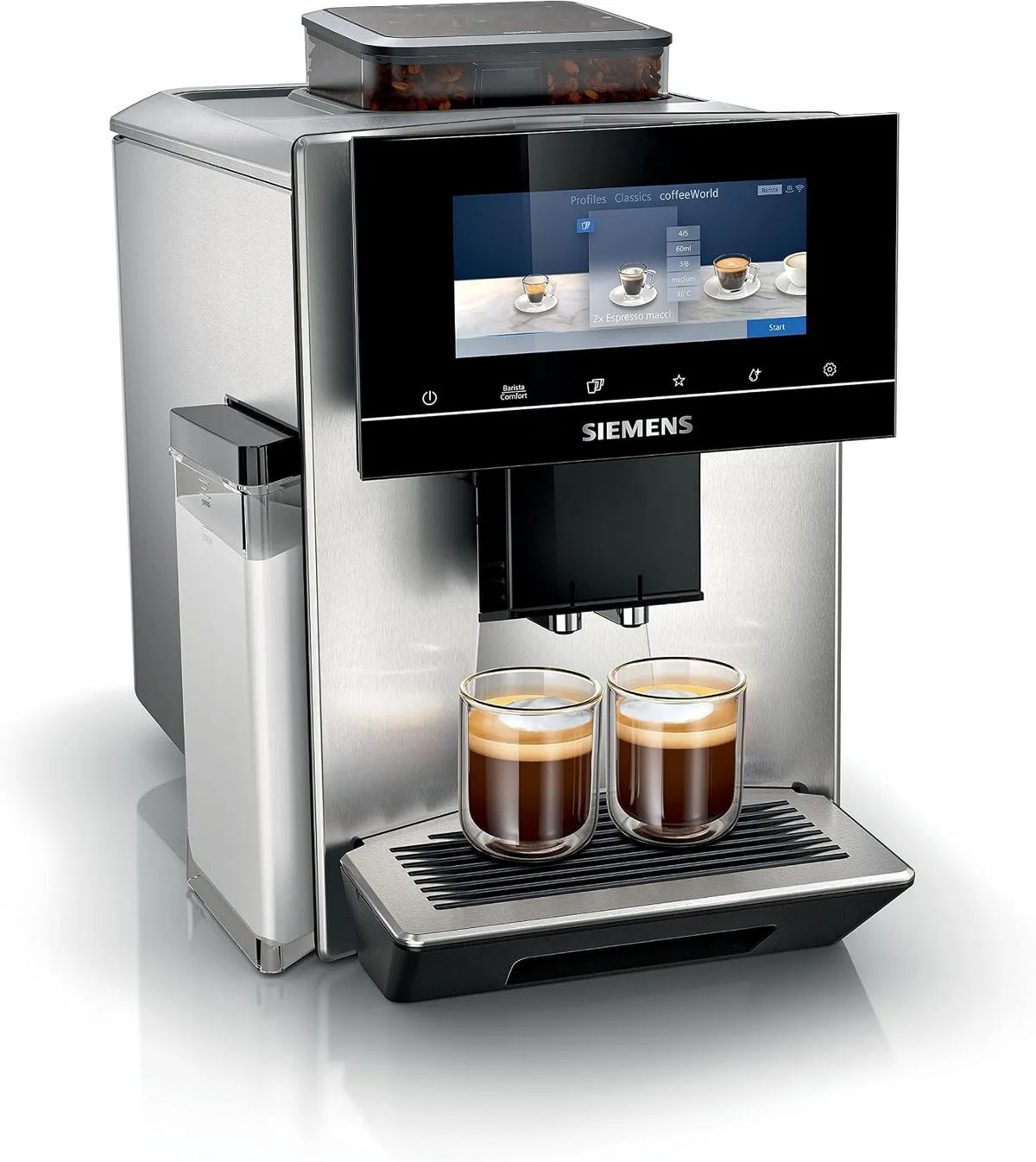 Siemens EQ900 TQ903R03 ekspres do kawy, stal nierdzewna, sterowanie dotykowe, tryb Barista, 2 młynki ceramiczne, 6,8' wyświetlacz dotykowy i slajdów