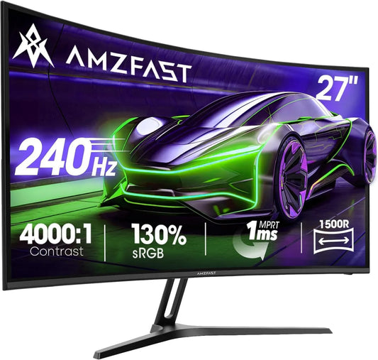 Amzfast monitor komputerowy, 240 Hz, FHD 2.0, DP, 27 cali, 1920 × 1080, 1 ms, konfiguracja gier, HDR, Full HD, HDMI, PC wyświetlacz, VESA 100x100, sRGB 130%