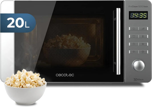 Cecotec, 3DWave Ready2Clean Microfall, 20 l, 700 W, 8 programów, licznik czasu, stal nierdzewna, mikrofalówka, Konstrukcja czołowa i uchwyt ze stali nierdzewnej