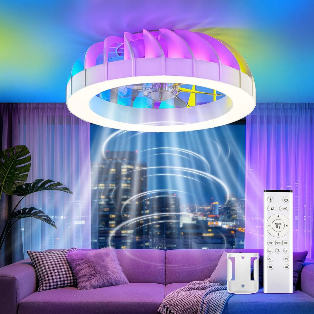 GLOFAN, Wentylator 1800K, 46 cm, 30 W, zegar, cicha, temperatura barwy od 3000 K do 6500 K, 10 trybów RGB, 30 W DC silnika, 6 prędkości