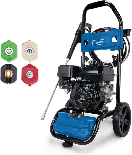 Scheppach, HCP5000 Wysokie ciśnienie czyszczące, Benzyna 4 silnik Czas 4.3 KW, Przepływ 570 l / h, 4 bity, 9, 2 m rury, 2 m