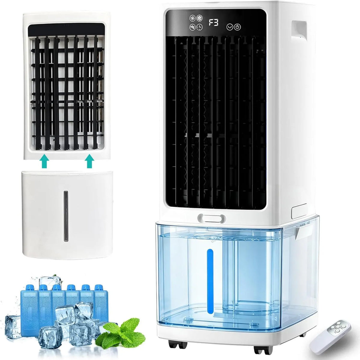 AnYaBinni klimatyzator przenośny, Klimatyzator 3- in-1 12H, 12 l, 800 m3 / h, przenośny, zegar, odświeżacz powietrza Evaporative 12 l, 6 Chleby lodowe, 3- in-1 Wentylator i nawilżacz 3 w 1 m3/h