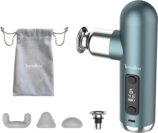 Terraillon, niebieski- Green, TARAILLON, 6 prędkości, 4 końcówki, 800- 3200 obrotów na minutę, MINI MASSAGER, pistolet do masażu, 5h autonomia, USB- C