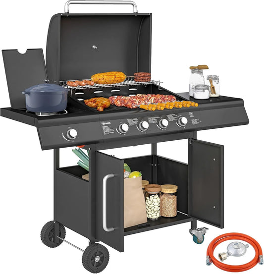 Outsunny grill gazowy, 15,2 kW, 80 kg, funkcja grilla, w zestawie z 5 palnikami ze stali nierdzewnej, z rolkami bocznymi, reduktorem ciśnienia