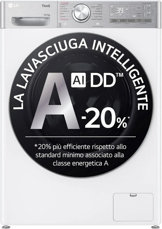 LG pralka, D4R9513TPWC, 7 kg, klasa energetyczna D, WiFi, para, biel, AI DD myjka 13, 1400 obrotów, R9 TurboWash 360, suszarka