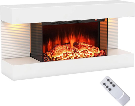 COSTWAY kominek elektryczny, 750 W / 1500 W Elektryczny kominek ścienny z oświetleniem LED, Elektryczny kominek ścienny 3 Pływające strony płaszcza, Zdalne sterowanie 12 Kolory płomienia 750 W/1500 W