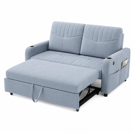 Rozkładana sofa materiałowa, kolor Niebieski z funkcją spania, kieszeniami i uchwytami w podłokietnikach