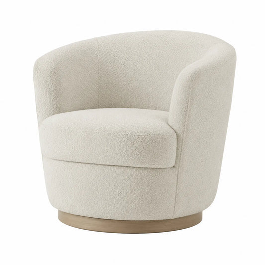 Fotel obrotowy z tkaniny boucle z drewnianą podstawą Kremowy 70 cm