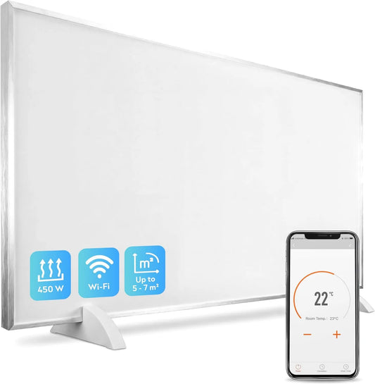 Silvergear grzejnik elektryczny, 90X50X4.7 CM, 450 W, termostat, biały, Montaż ścienny i panel podczerwieni portretowej 450 W