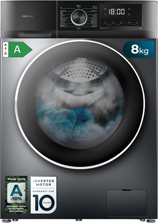 Cecotec pralka, Bolero Dresscode 8500, 1900 W, 16 programów, 8 kg, Inverter, 1400 obr./min, Stal, SteamMax, Obciążenie frontowe, Niska konsumpcja
