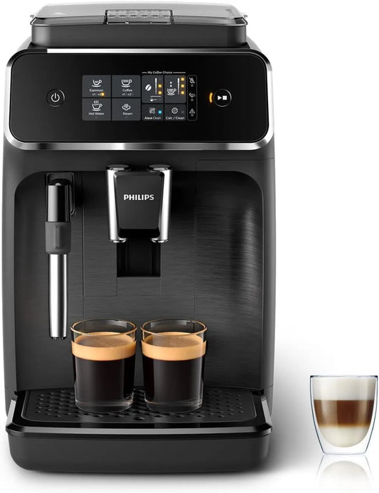 PHILIPS automatyczny ekspres do kawy, 2 napoje, ekspres do kawy ziarna 2200, tłumik mleka, matowy czarny EP2220 / 10, 100% ceramiczny szlifierka, HomeID app, Szlifierka expresso z ekranem EP2220/10