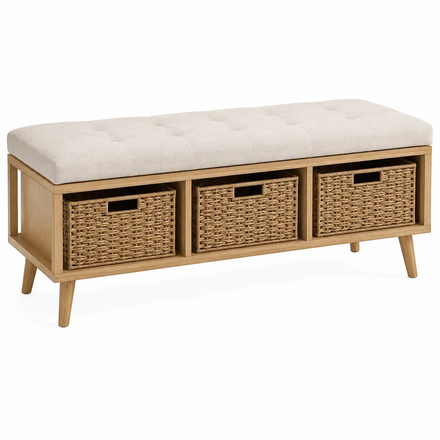 Ławka drewniana z rattanowymi koszami i beżowym siedziskiem 120x40x45 cm