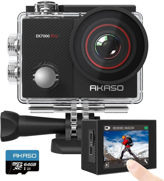 EK7000, 5.1 cm, sterowanie dotykowe, regulacja ustawień, zdalne sterowanie, AKASO Pro kamera sportowa 4K z kartą pamięci microSDXC 64 GB