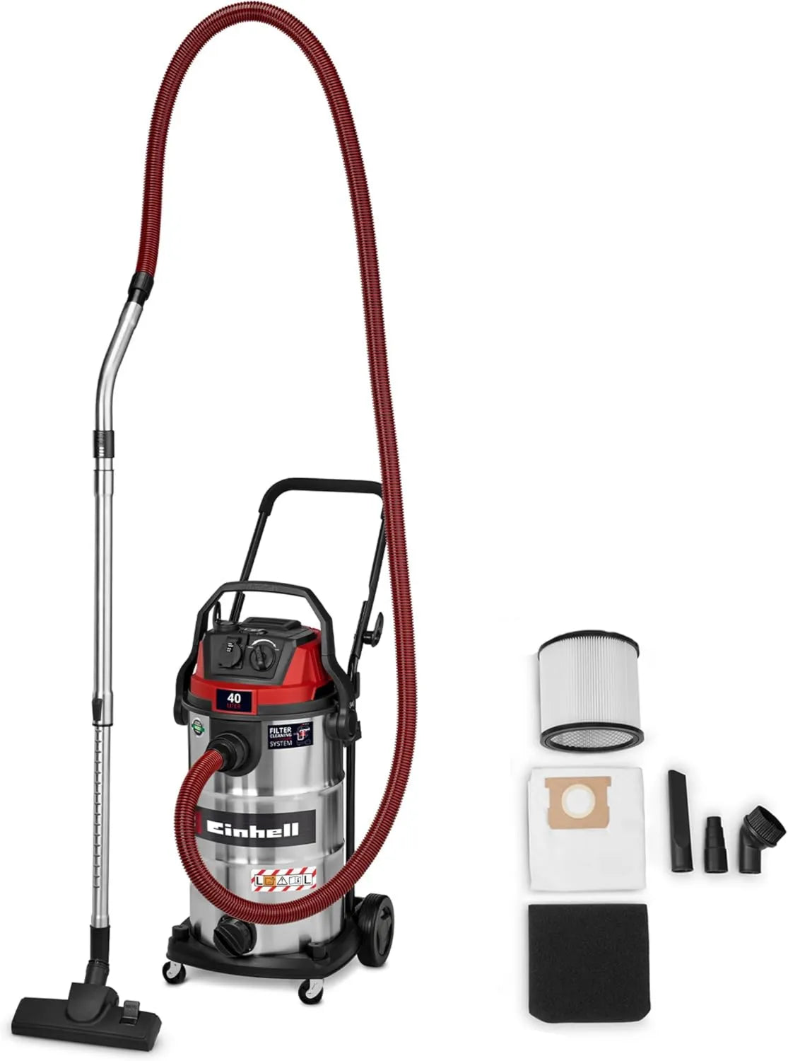 Einhell, VC 4090 Odkurzacz, 40 l, 150 W, Klasa energetyczna E, Duży zbiornik, 225 mbar, Filtr HEPA