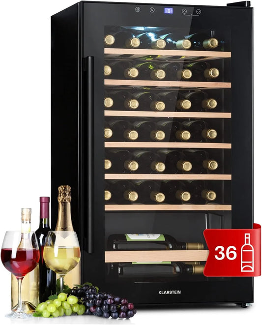 KLARSTEIN, Winiarnia elektryczna, 36 butelek, 5 do 18°C, dotyk, Lodówka Bar, Ochrona przed promieniowaniem UV, Lodówka Wino na stopach z drzwiami