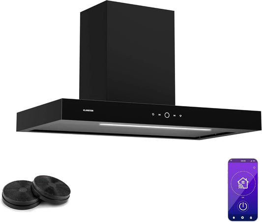 KLARSTEIN okap kuchenny, 90 cm, 530 m3 / h, 34 dB, dotyk, WiFi, tłumik, czarny, LED 6500 K, EEC A + m3/h