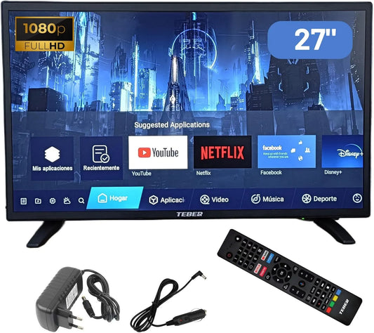 TEBER telewizor, Smart TV V, 24 V, 230, 27 cali, 1920 × 1080, 12 V, TV, Bluetooth, Android OS, DVB- S2, Full HD, kemping, Android 11, T2, sterowanie głosem DVB-S2
