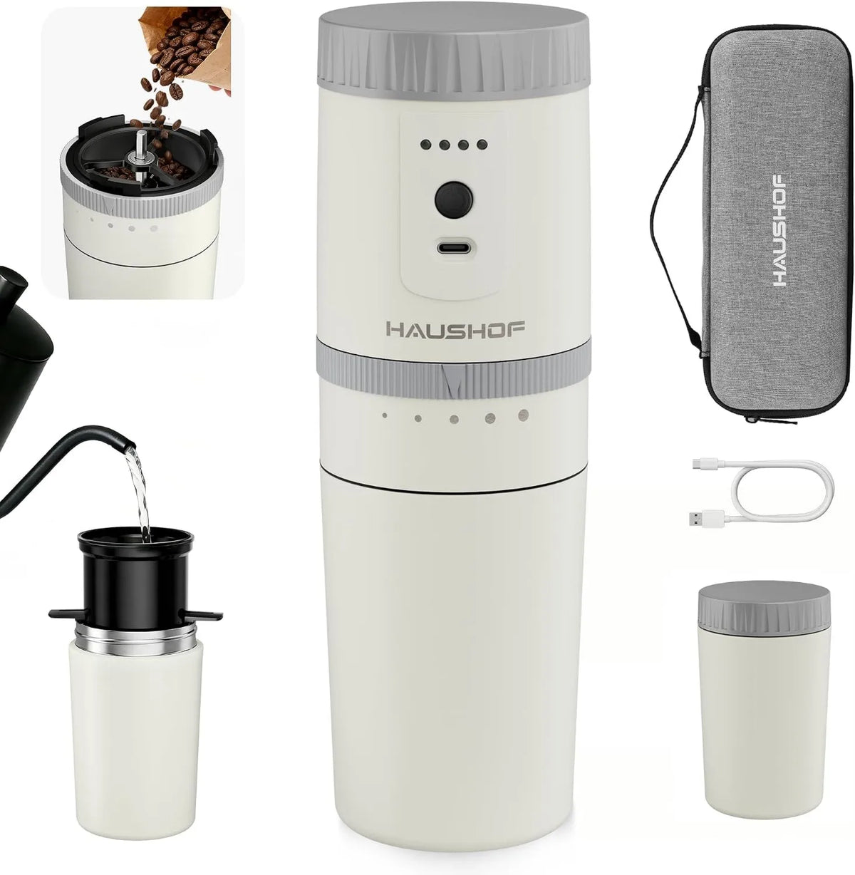 HAUSHOF, Kawiarnia, Przenośna, Elektryczna ekspres do kawy, 300 ml, USB, kemping, biały, do podróży i kempingu