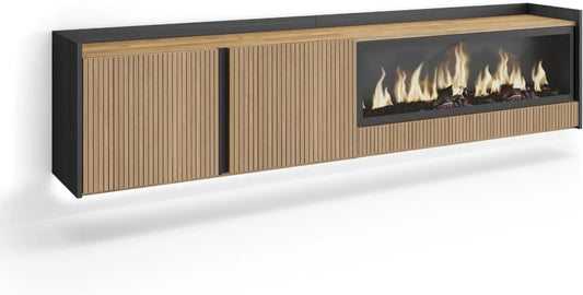 Skraut Home, Szafka TV, 80 cali, 212x50x35 cm, czarny, kominek elektryczny XXL, LED